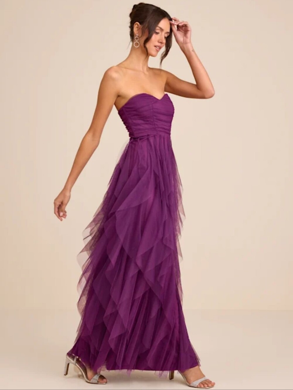 Lulu's Plum Strapless Layered Tulle Maxi Dress Women Size XL NEW #3G